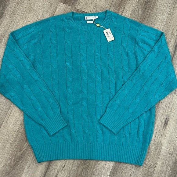 NWT Peter Millar XL 100% Cashmere Cable Knit Teal Super Soft Crewneck Sweater - Picture 1 of 13